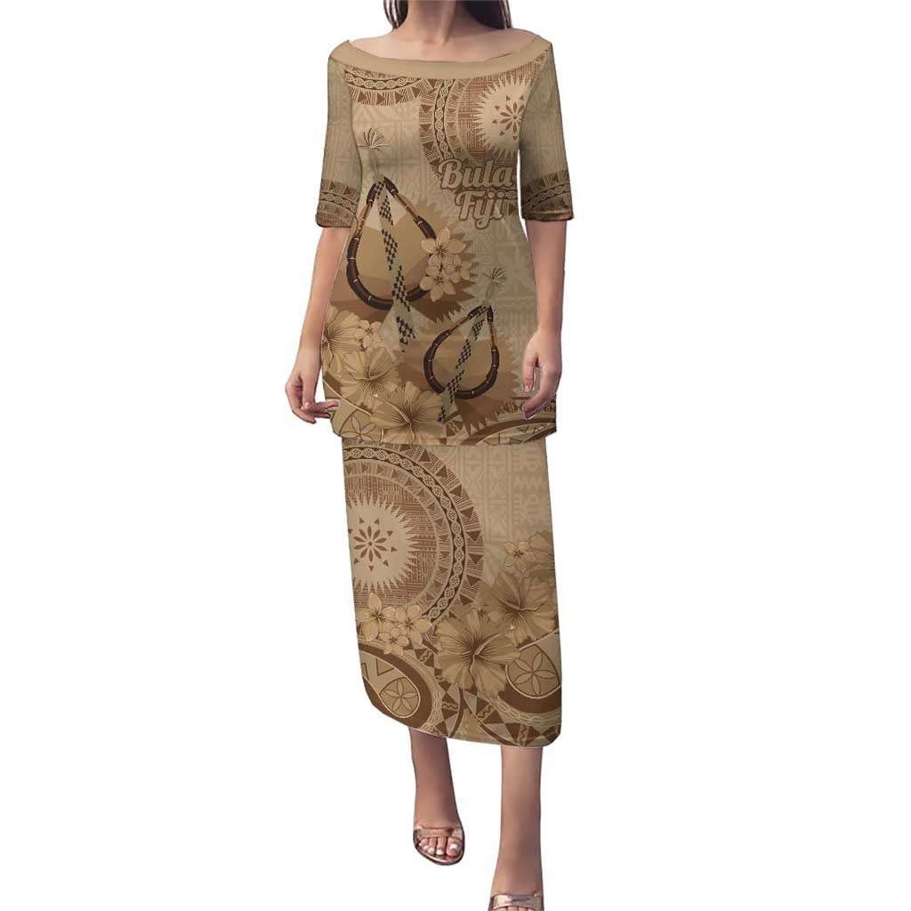 Brown Bula Fiji Puletasi Fijian Dance Fan Tapa Cloth Pattern