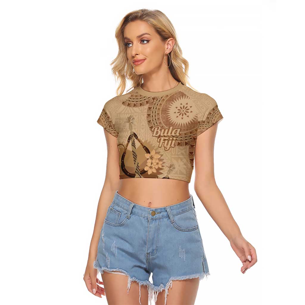 Brown Bula Fiji Raglan Cropped T Shirt Fijian Dance Fan Tapa Cloth Pattern