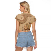 Brown Bula Fiji Raglan Cropped T Shirt Fijian Dance Fan Tapa Cloth Pattern