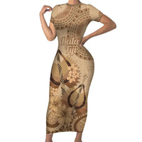 Brown Bula Fiji Short Sleeve Bodycon Dress Fijian Dance Fan Tapa Cloth Pattern