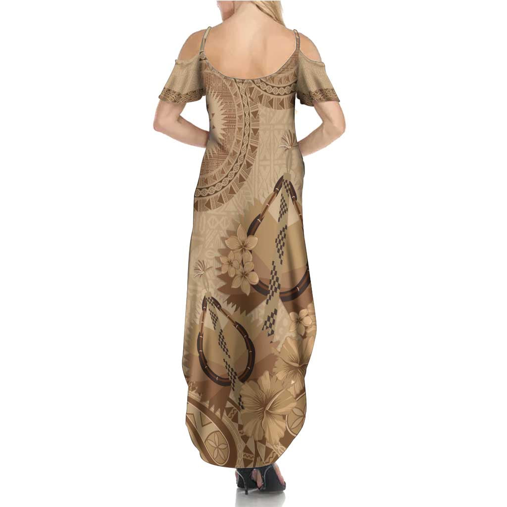 Brown Bula Fiji Summer Maxi Dress Fijian Dance Fan Tapa Cloth Pattern