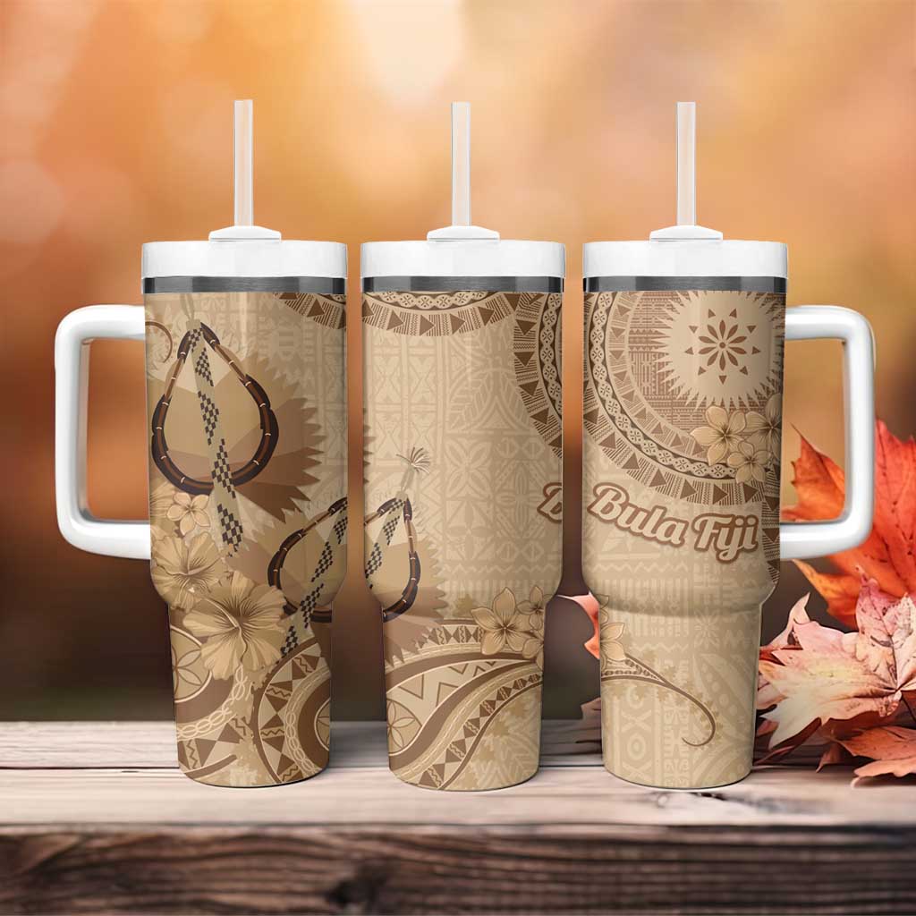Brown Bula Fiji Tumbler With Handle Fijian Dance Fan Tapa Cloth Pattern