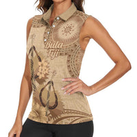 Brown Bula Fiji Women Sleeveless Polo Shirt Fijian Dance Fan Tapa Cloth Pattern