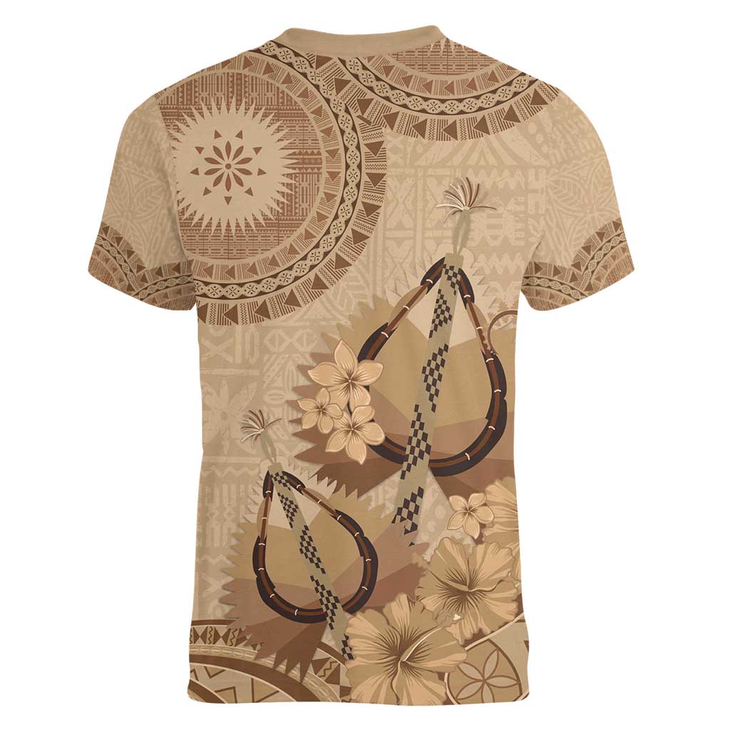 Brown Bula Fiji Women V-Neck T-Shirt Fijian Dance Fan Tapa Cloth Pattern