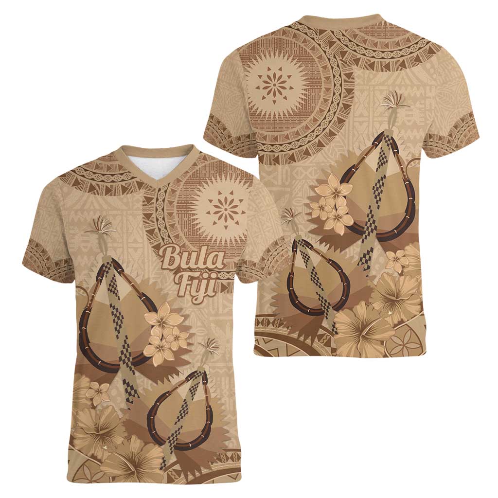 Brown Bula Fiji Women V-Neck T-Shirt Fijian Dance Fan Tapa Cloth Pattern
