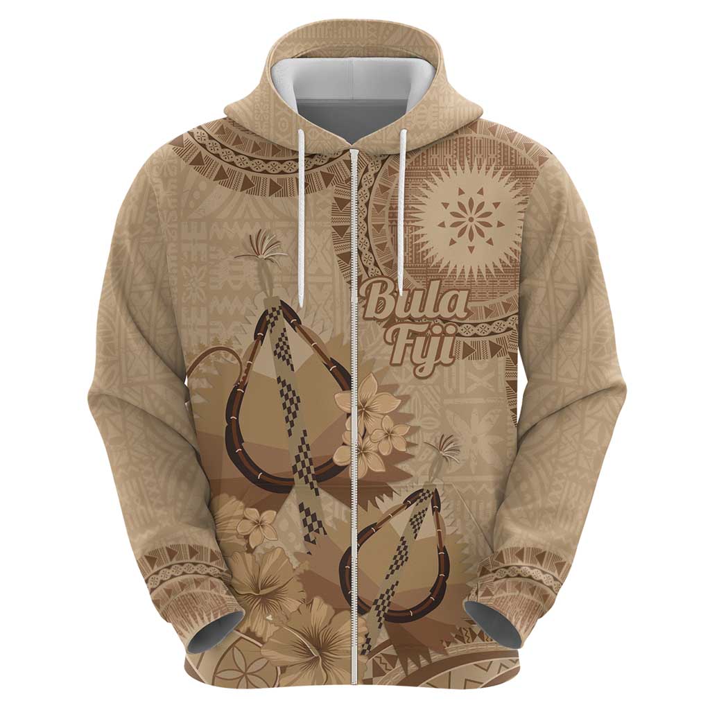 Brown Bula Fiji Zip Hoodie Fijian Dance Fan Tapa Cloth Pattern