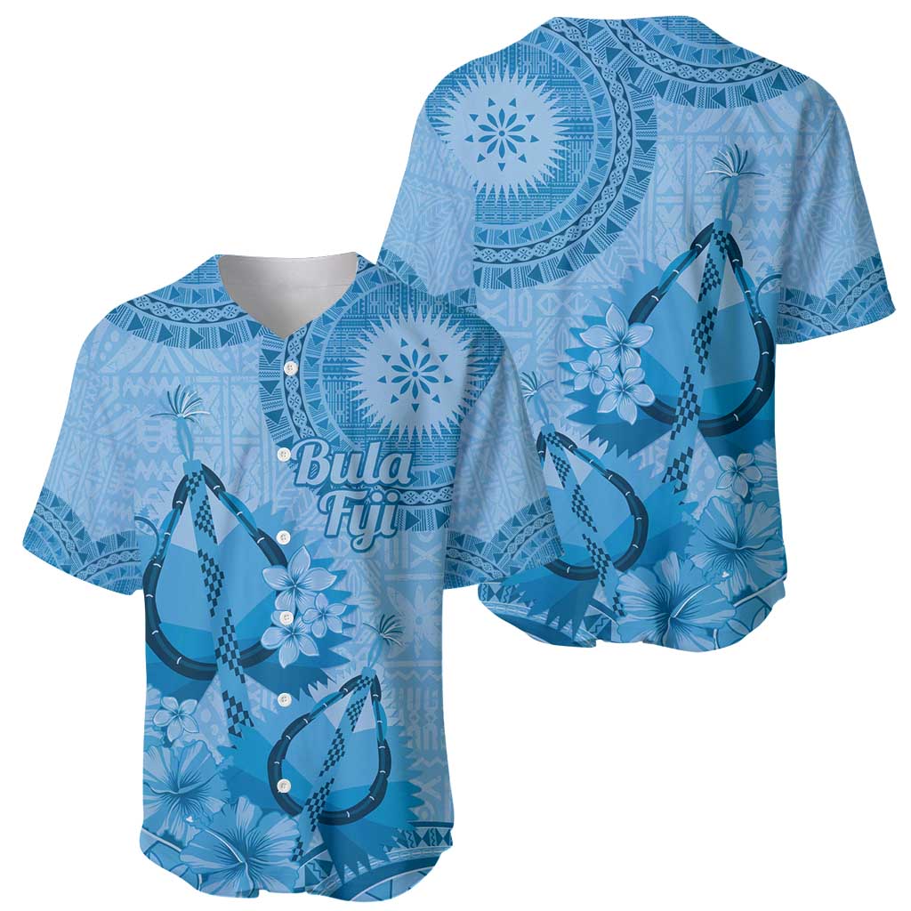 Blue Bula Fiji Baseball Jersey Fijian Dance Fan Tapa Cloth Pattern