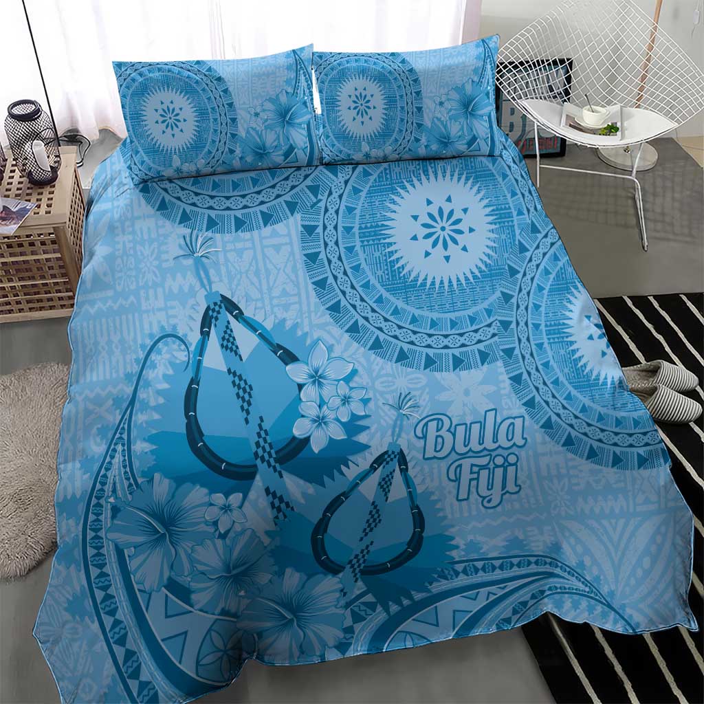 Blue Bula Fiji Bedding Set Fijian Dance Fan Tapa Cloth Pattern
