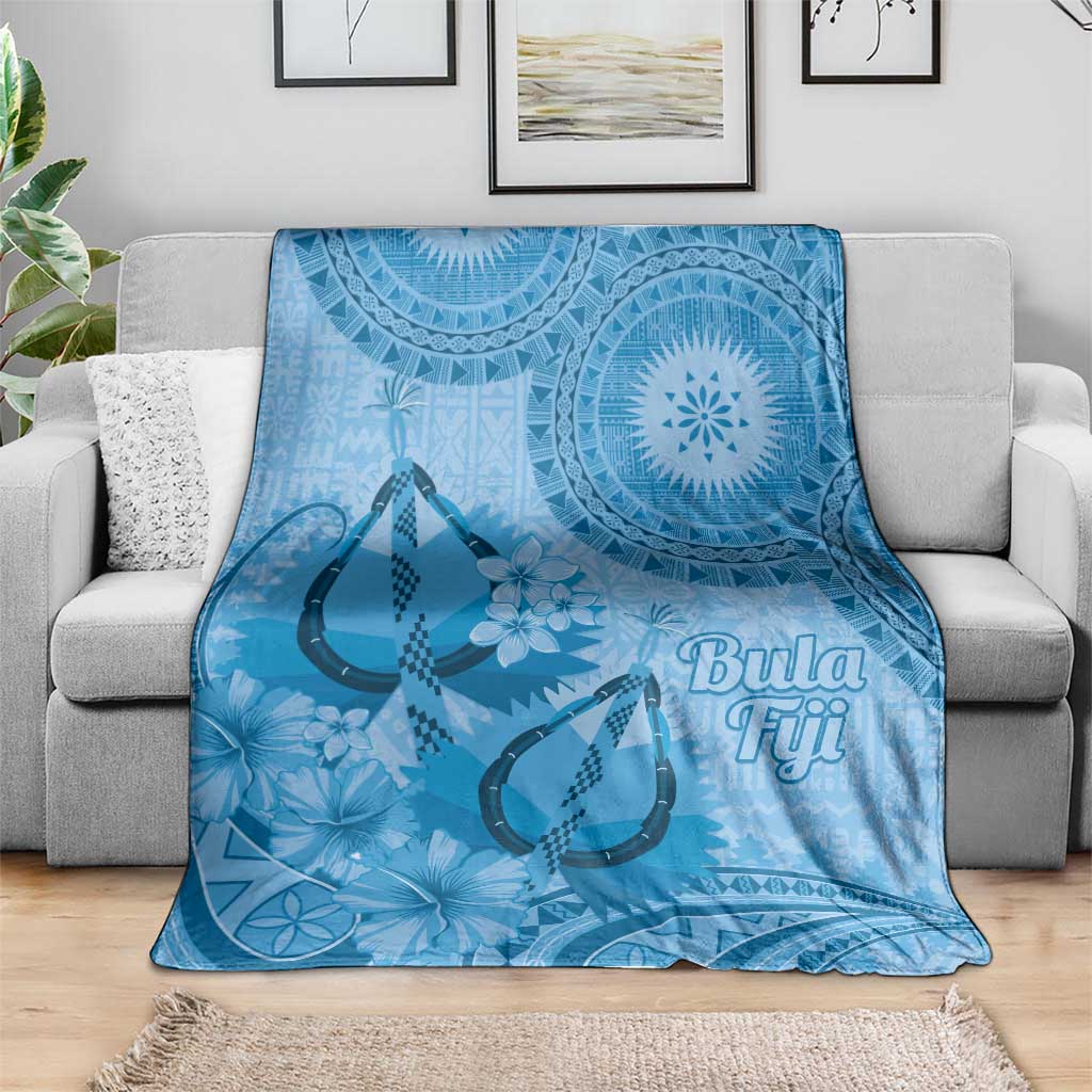 Blue Bula Fiji Blanket Fijian Dance Fan Tapa Cloth Pattern