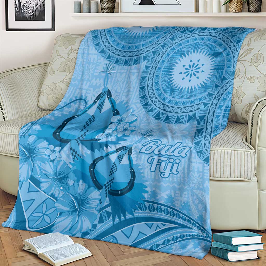 Blue Bula Fiji Blanket Fijian Dance Fan Tapa Cloth Pattern