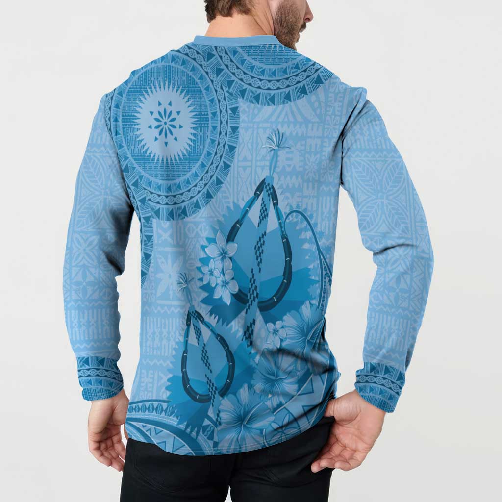 Blue Bula Fiji Button Sweatshirt Fijian Dance Fan Tapa Cloth Pattern