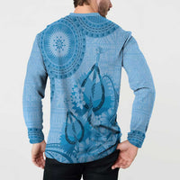 Blue Bula Fiji Button Sweatshirt Fijian Dance Fan Tapa Cloth Pattern