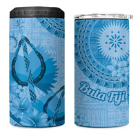 Blue Bula Fiji 4 in 1 Can Cooler Tumbler Fijian Dance Fan Tapa Cloth Pattern