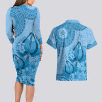 Blue Bula Fiji Couples Matching Long Sleeve Bodycon Dress and Hawaiian Shirt Fijian Dance Fan Tapa Cloth Pattern
