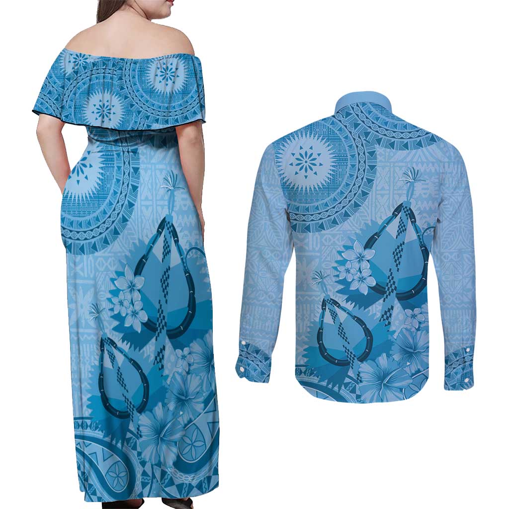 Blue Bula Fiji Couples Matching Off Shoulder Maxi Dress and Long Sleeve Button Shirt Fijian Dance Fan Tapa Cloth Pattern