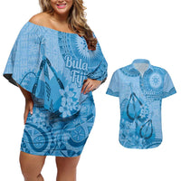 Blue Bula Fiji Couples Matching Off Shoulder Short Dress and Hawaiian Shirt Fijian Dance Fan Tapa Cloth Pattern