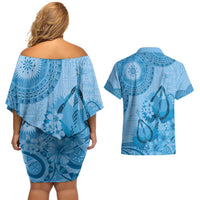 Blue Bula Fiji Couples Matching Off Shoulder Short Dress and Hawaiian Shirt Fijian Dance Fan Tapa Cloth Pattern