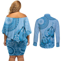 Blue Bula Fiji Couples Matching Off Shoulder Short Dress and Long Sleeve Button Shirt Fijian Dance Fan Tapa Cloth Pattern