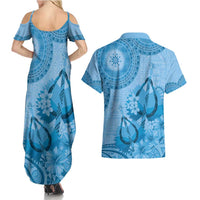 Blue Bula Fiji Couples Matching Summer Maxi Dress and Hawaiian Shirt Fijian Dance Fan Tapa Cloth Pattern