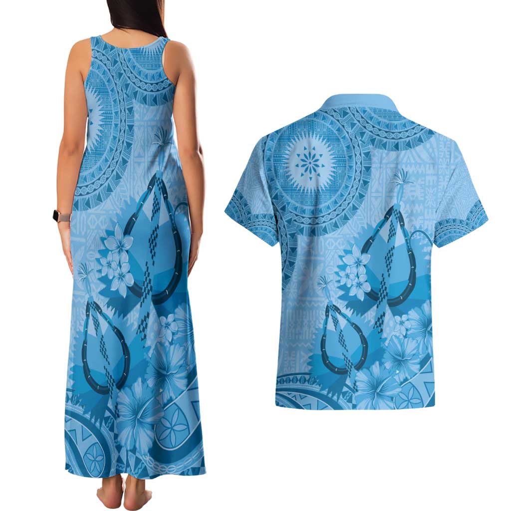 Blue Bula Fiji Couples Matching Tank Maxi Dress and Hawaiian Shirt Fijian Dance Fan Tapa Cloth Pattern