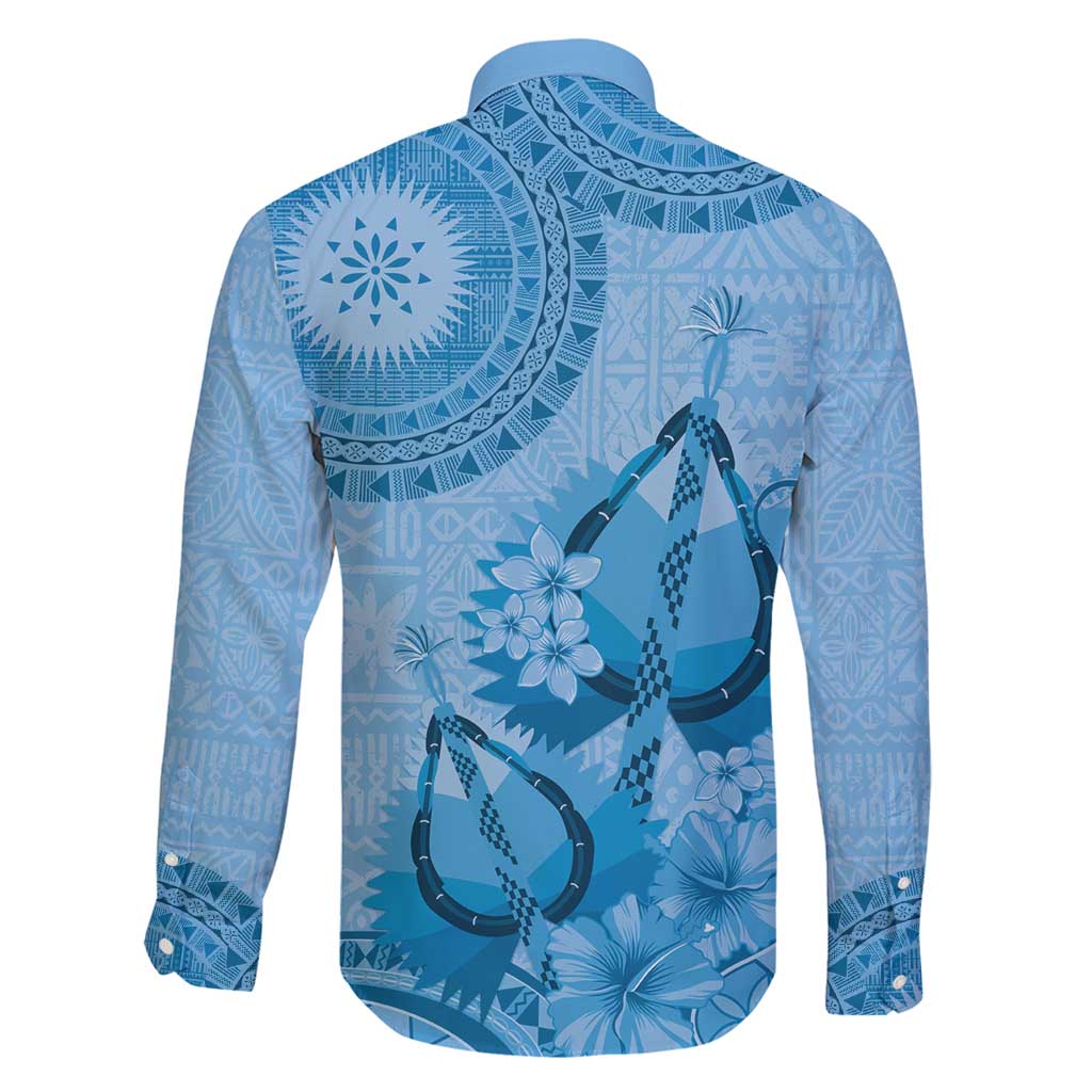 Blue Bula Fiji Family Matching Long Sleeve Bodycon Dress and Hawaiian Shirt Fijian Dance Fan Tapa Cloth Pattern