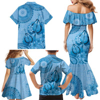Blue Bula Fiji Family Matching Mermaid Dress and Hawaiian Shirt Fijian Dance Fan Tapa Cloth Pattern