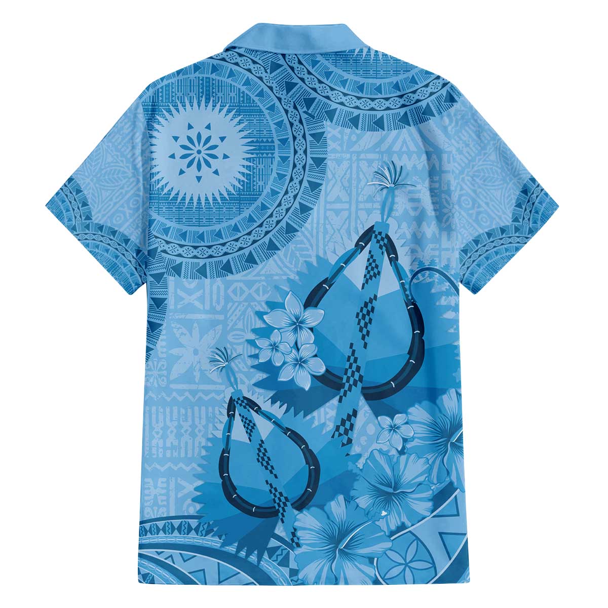 Blue Bula Fiji Family Matching Off The Shoulder Long Sleeve Dress and Hawaiian Shirt Fijian Dance Fan Tapa Cloth Pattern