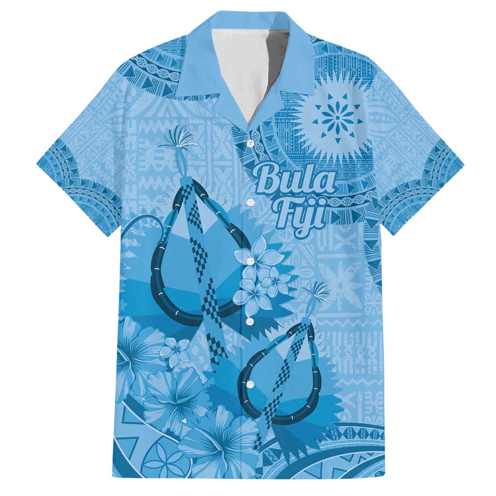 Blue Bula Fiji Family Matching Off Shoulder Maxi Dress and Hawaiian Shirt Fijian Dance Fan Tapa Cloth Pattern