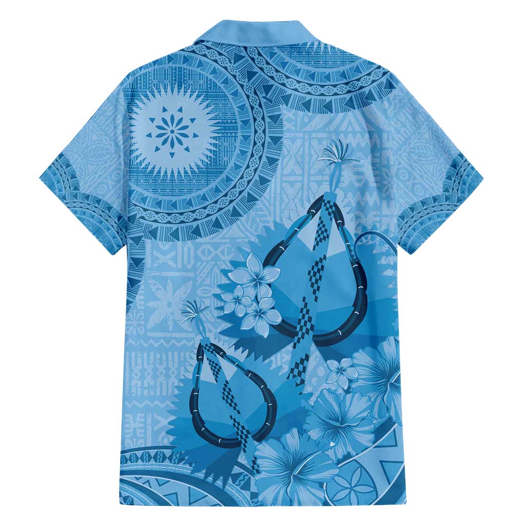 Blue Bula Fiji Family Matching Off Shoulder Short Dress and Hawaiian Shirt Fijian Dance Fan Tapa Cloth Pattern