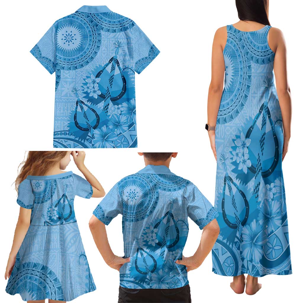 Blue Bula Fiji Family Matching Tank Maxi Dress and Hawaiian Shirt Fijian Dance Fan Tapa Cloth Pattern