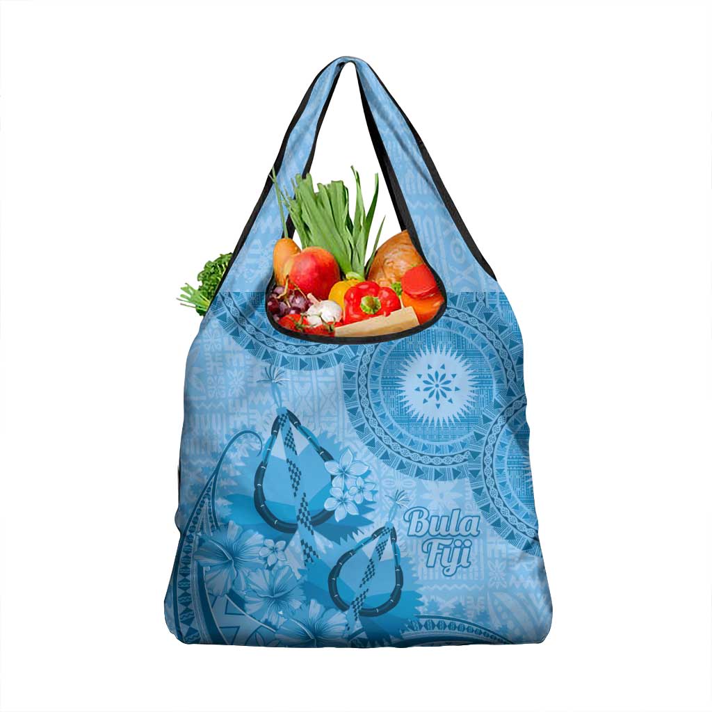 Blue Bula Fiji Grocery Bag Fijian Dance Fan Tapa Cloth Pattern