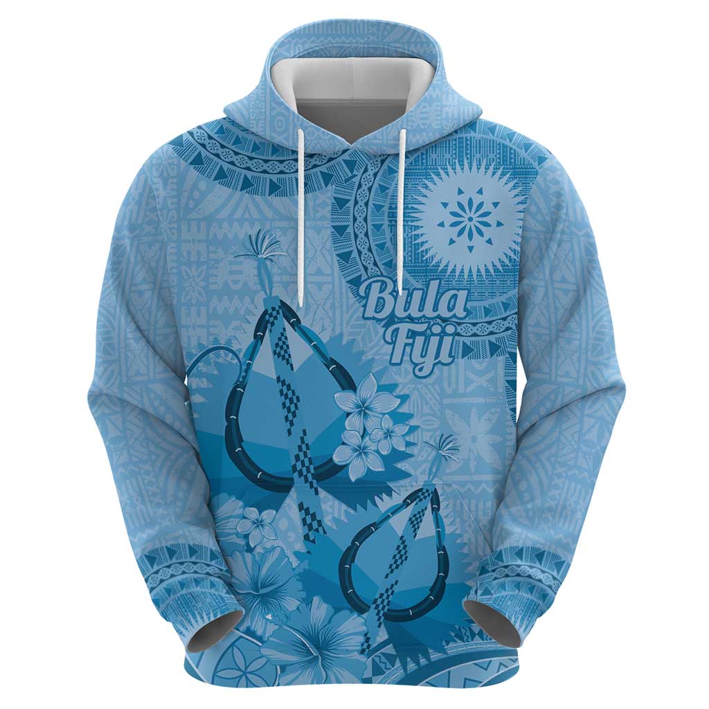 Blue Bula Fiji Hoodie Fijian Dance Fan Tapa Cloth Pattern