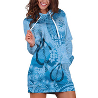 Blue Bula Fiji Hoodie Dress Fijian Dance Fan Tapa Cloth Pattern