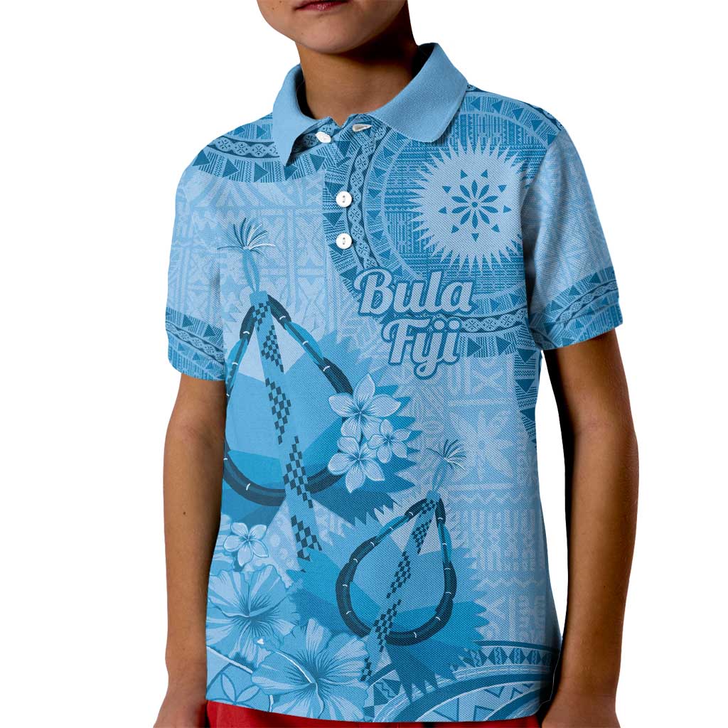 Blue Bula Fiji Kid Polo Shirt Fijian Dance Fan Tapa Cloth Pattern