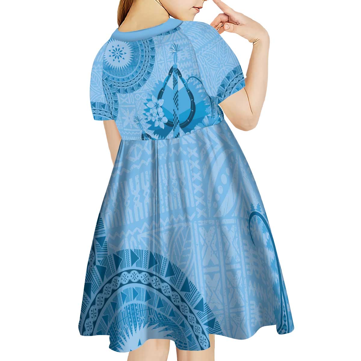 Blue Bula Fiji Kid Short Sleeve Dress Fijian Dance Fan Tapa Cloth Pattern