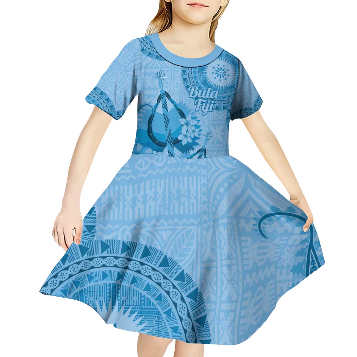Blue Bula Fiji Kid Short Sleeve Dress Fijian Dance Fan Tapa Cloth Pattern