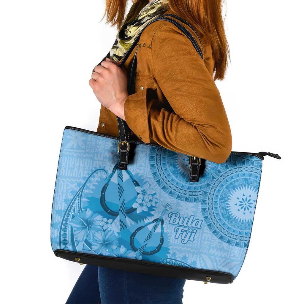 Blue Bula Fiji Leather Tote Bag Fijian Dance Fan Tapa Cloth Pattern LT14 Blue - Polynesian Pride