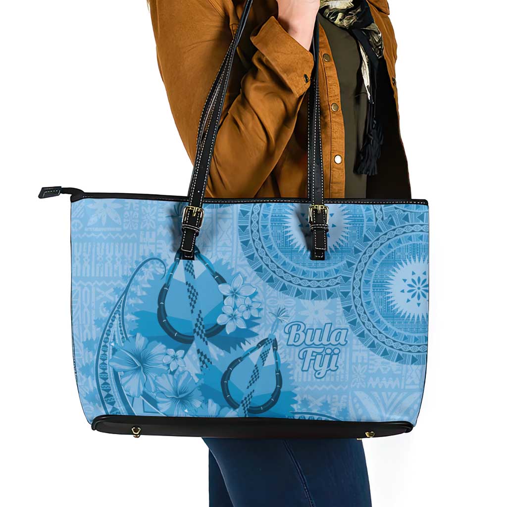 Blue Bula Fiji Leather Tote Bag Fijian Dance Fan Tapa Cloth Pattern LT14 - Polynesian Pride
