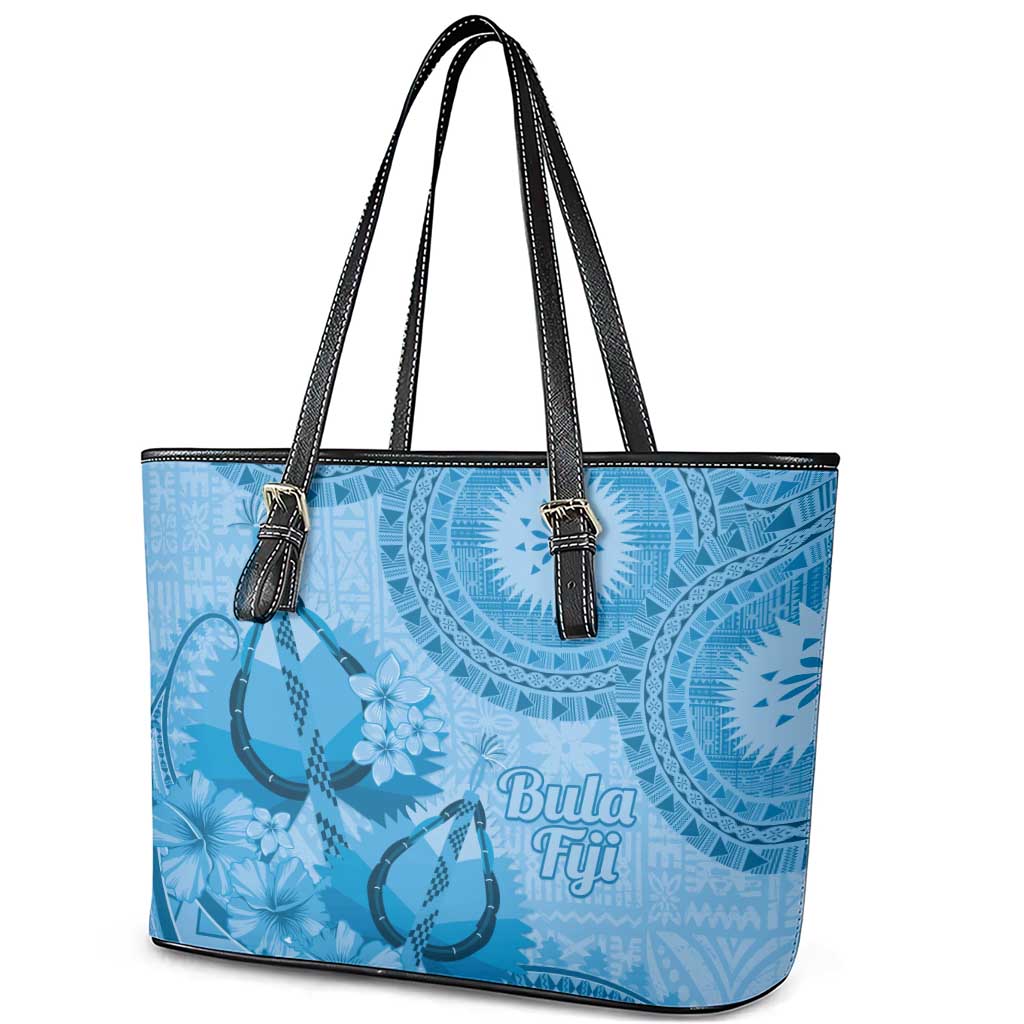 Blue Bula Fiji Leather Tote Bag Fijian Dance Fan Tapa Cloth Pattern LT14 - Polynesian Pride