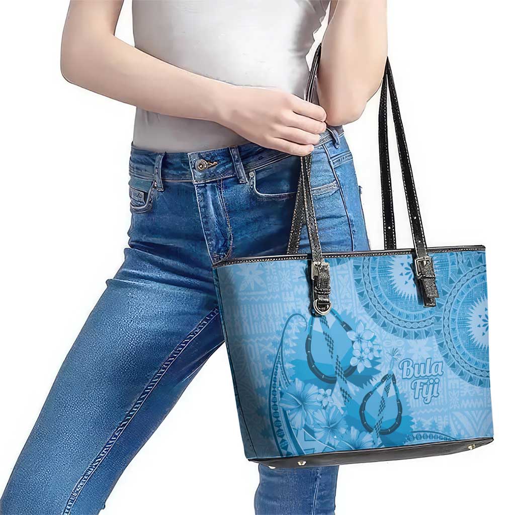 Blue Bula Fiji Leather Tote Bag Fijian Dance Fan Tapa Cloth Pattern LT14 - Polynesian Pride