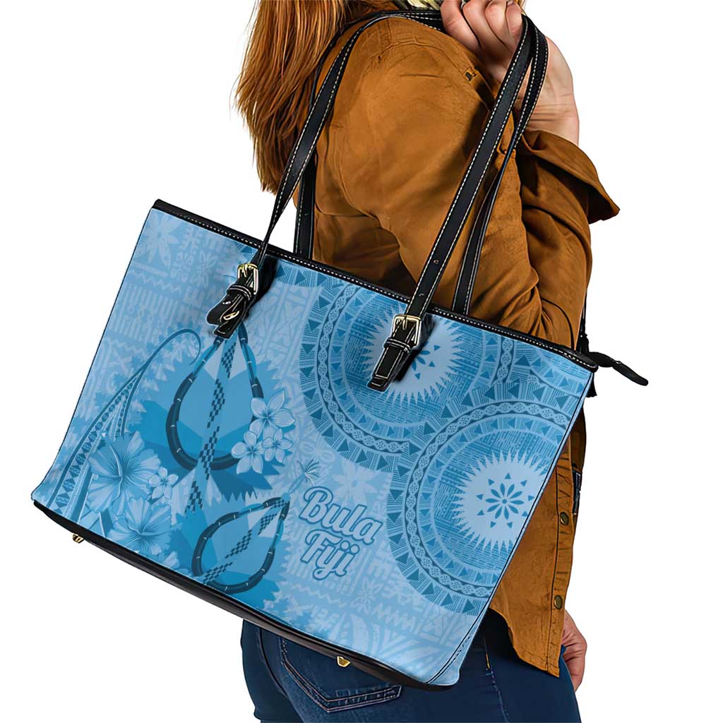 Blue Bula Fiji Leather Tote Bag Fijian Dance Fan Tapa Cloth Pattern LT14 - Polynesian Pride