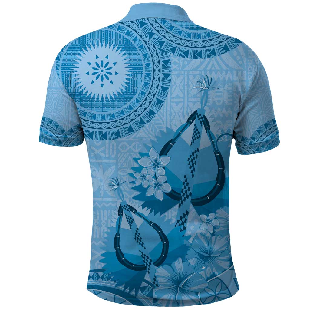 Blue Bula Fiji Polo Shirt Fijian Dance Fan Tapa Cloth Pattern
