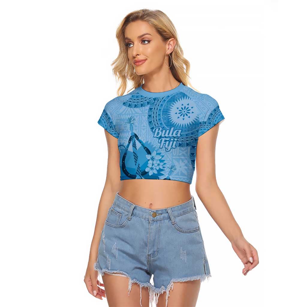 Blue Bula Fiji Raglan Cropped T Shirt Fijian Dance Fan Tapa Cloth Pattern LT14 Female Blue - Polynesian Pride