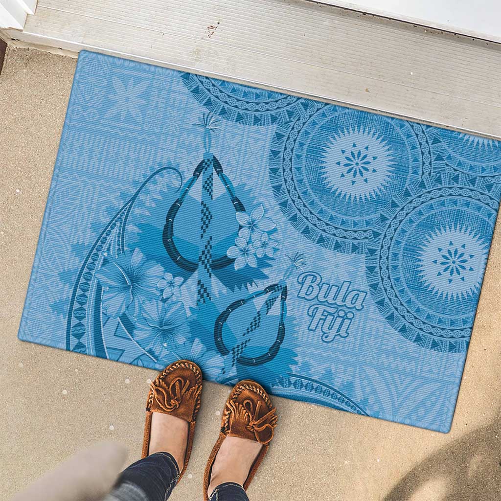 Blue Bula Fiji Rubber Doormat Fijian Dance Fan Tapa Cloth Pattern