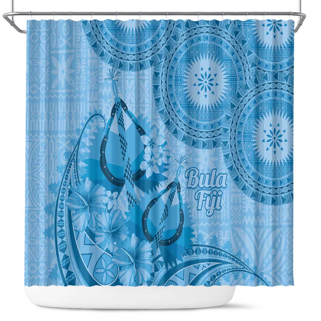 Blue Bula Fiji Shower Curtain Fijian Dance Fan Tapa Cloth Pattern