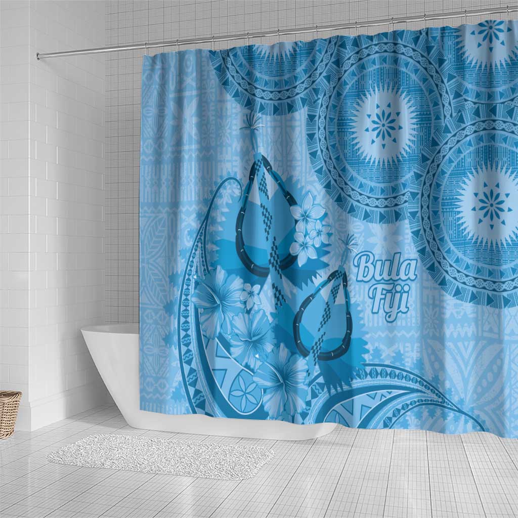 Blue Bula Fiji Shower Curtain Fijian Dance Fan Tapa Cloth Pattern