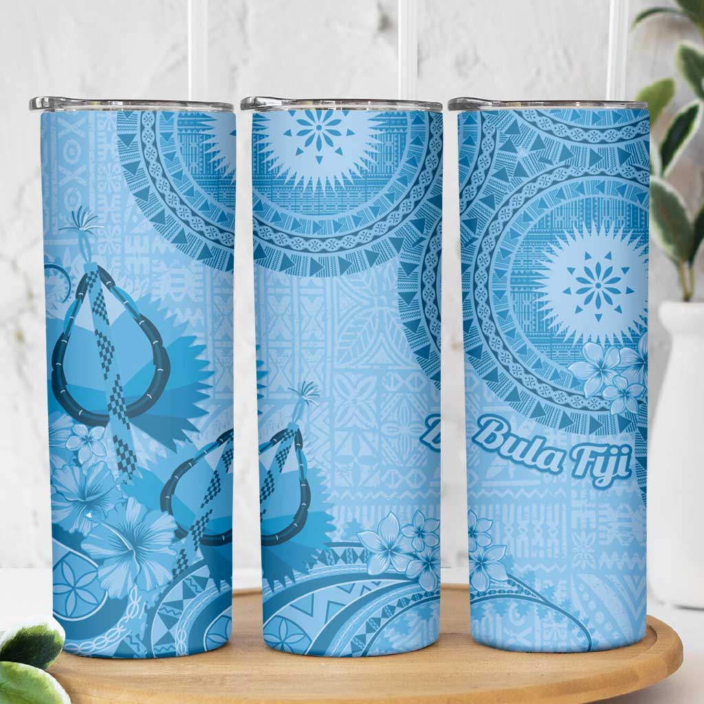 Blue Bula Fiji Skinny Tumbler Fijian Dance Fan Tapa Cloth Pattern