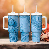 Blue Bula Fiji Tumbler With Handle Fijian Dance Fan Tapa Cloth Pattern