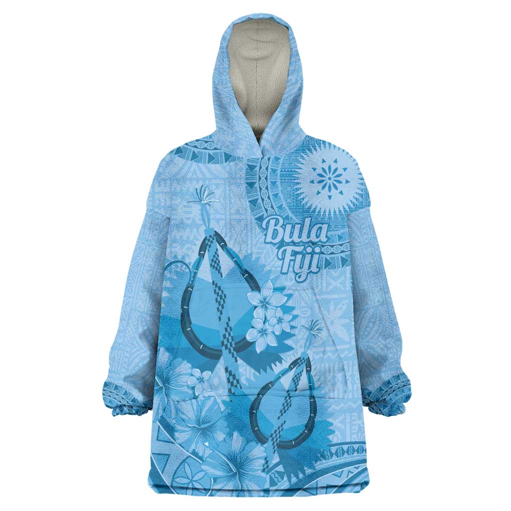 Blue Bula Fiji Wearable Blanket Hoodie Fijian Dance Fan Tapa Cloth Pattern