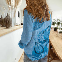 Blue Bula Fiji Women Casual Shirt Fijian Dance Fan Tapa Cloth Pattern